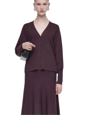 COS Waist Knitted Ribbed V-Neck Cardigan in Deep Plum Sz S Wool Blend Minimalist